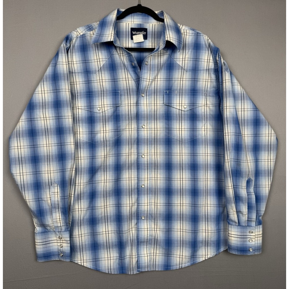 Vintage Wrangler Pearl Snap Shirt Mens XL White Blue Plaid Retro Cowboy Western